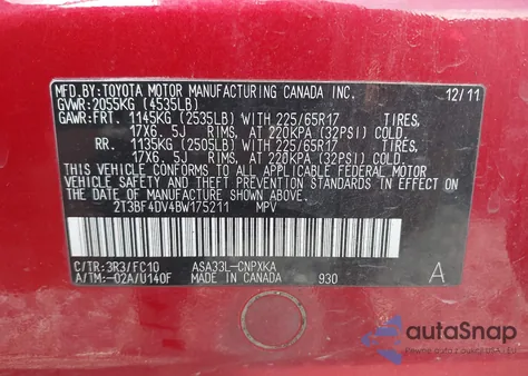 2011 Toyota Rav4 из США, поврежденный, VIN 2T3BF4DV4BW175211